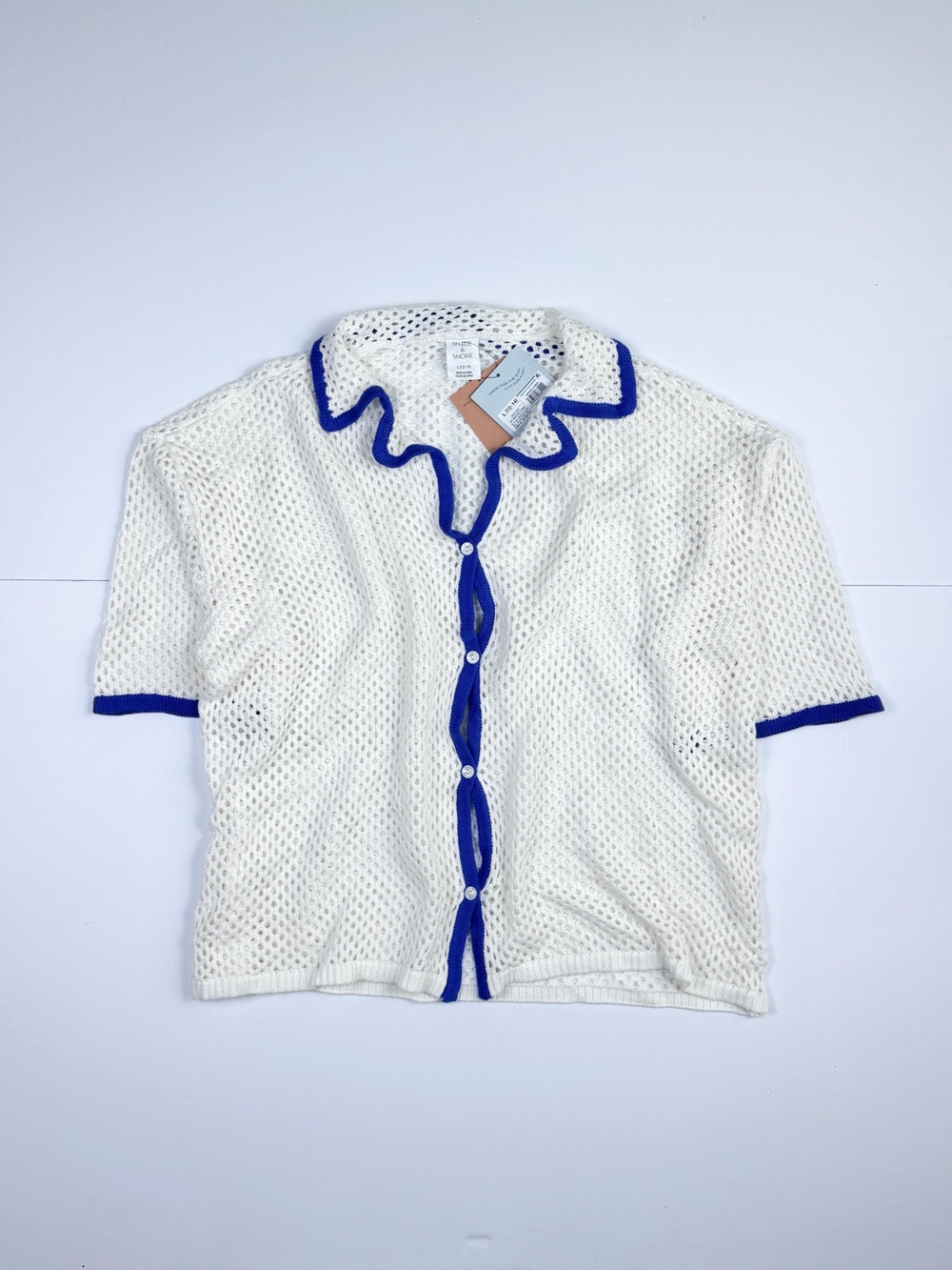Shade & Shore White Open-Knit Short Sleeve Cardigan with Royal Blue Trim